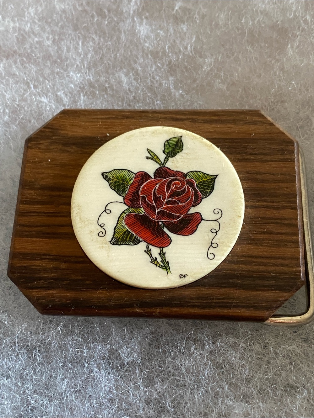 Handcrafted Scrimshaw Style Wood Belt Buckle with Red Rose Motif BF